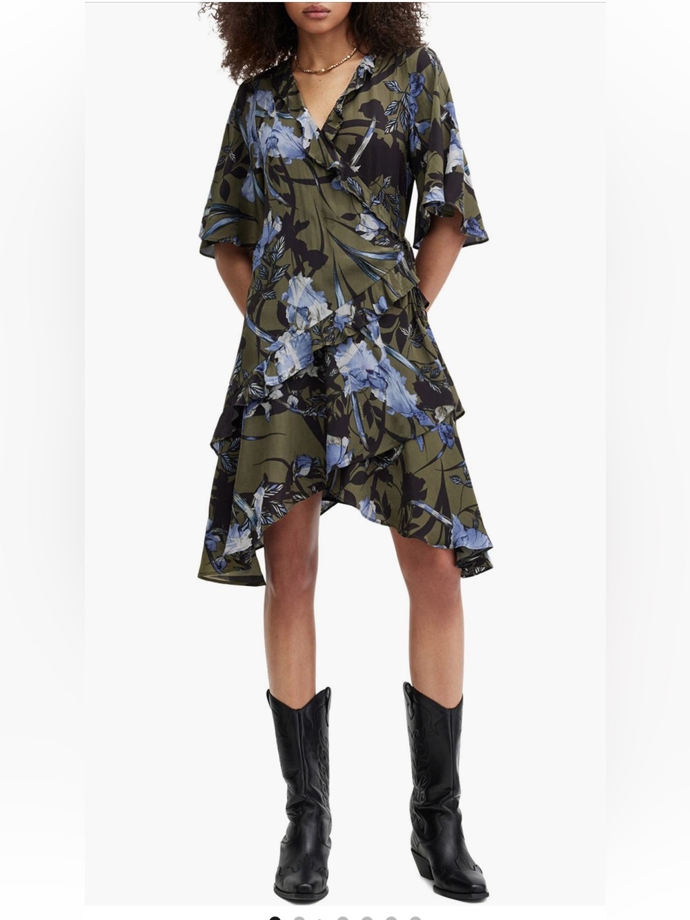 AllSaints Olive and Blue Floral High-Low Wrap Dress
